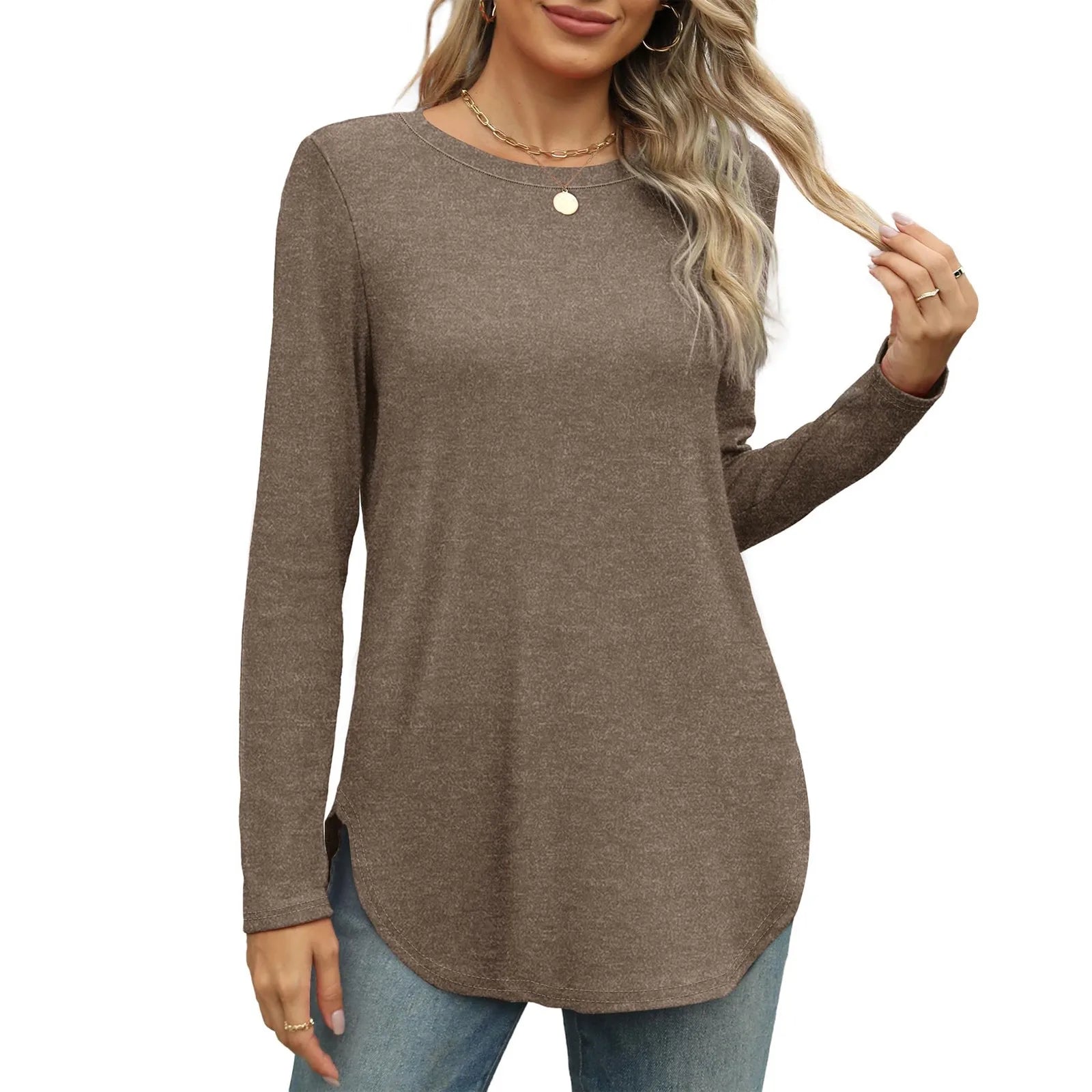 Traf 2024 Mujer Womens Long Sleeve Round Neck Shirts Side Split Basic Loose Tunic Tops Casual Shirts Ropa De Mujer Fashion