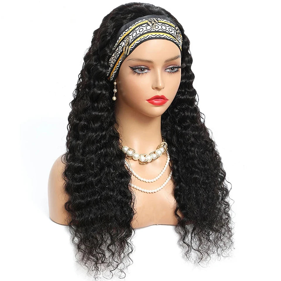 Headband Wig Human Hair Wigs Wear and Go Glueless Wig Curly Deep Wave Headband Wig Machine Made Wig Natural Color 250%