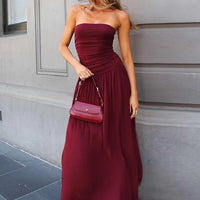 Mozision Off-shoulder Strapless Pleated Sexy Maxi Dress Women Fashion Backless Sleeveless High Waist Ruched Long Dress Elegant