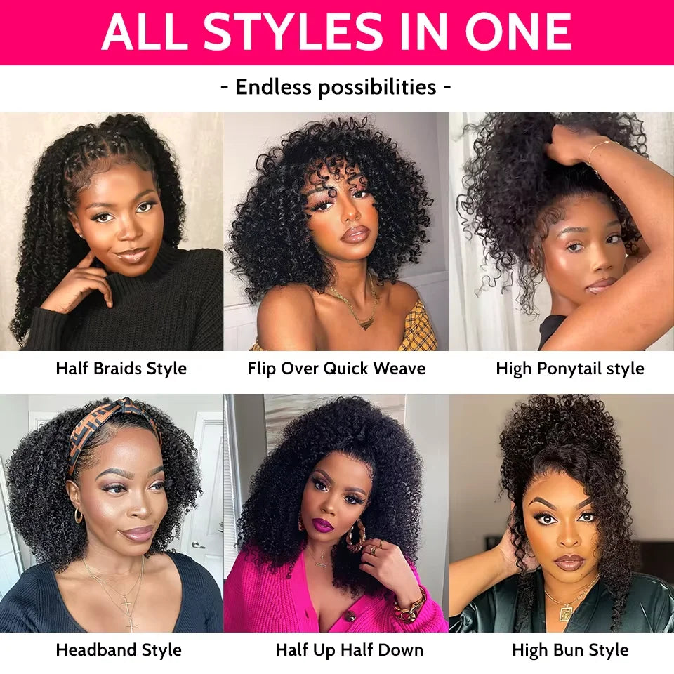 300% Glueless Wigs Human Hair Afro Kinky Curly Headband Wig Upgrade 3 IN 1 Half Wig With Drawstring Seamless Clip Ins Flip Over