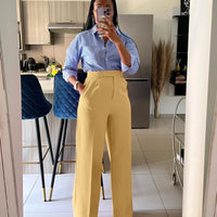 Autumn Casual High Waisted Pants Women Chic Fashion Solid Button Pocket Straight Leg Wide Leg Casual Pants Women