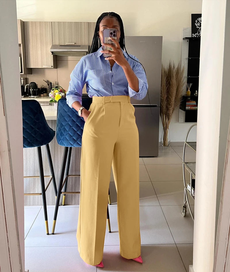 Autumn Casual High Waisted Pants Women Chic Fashion Solid Button Pocket Straight Leg Wide Leg Casual Pants Women