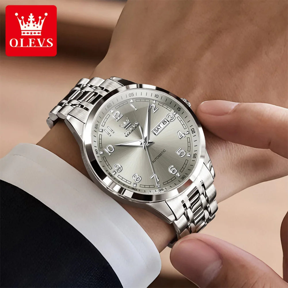 OLEVS Men Watches 7077 Luxury Fashion Top Brand Original Automatic Mechanical Watch for Man Double Scale Simple Trend Waterproof
