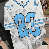 Summer Fashion Butterfly 23 Print TShirt For Women V-Neck Mesh Hole Short Sleeve Sports Football Jersey Y2K Loose Women Clothing