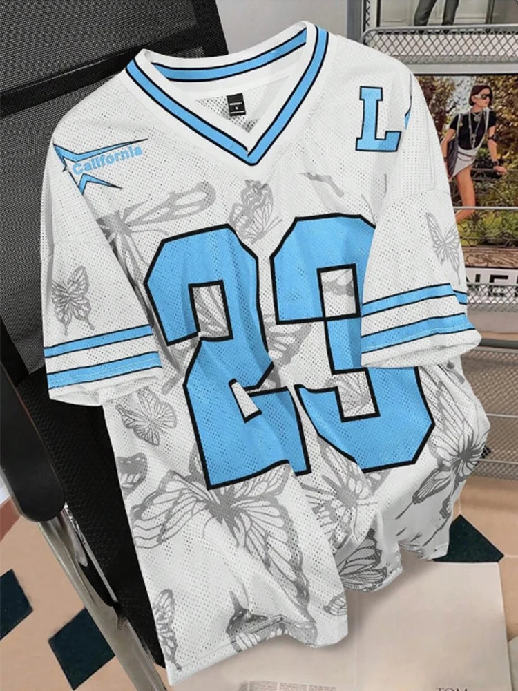 Summer Fashion Butterfly 23 Print TShirt For Women V-Neck Mesh Hole Short Sleeve Sports Football Jersey Y2K Loose Women Clothing