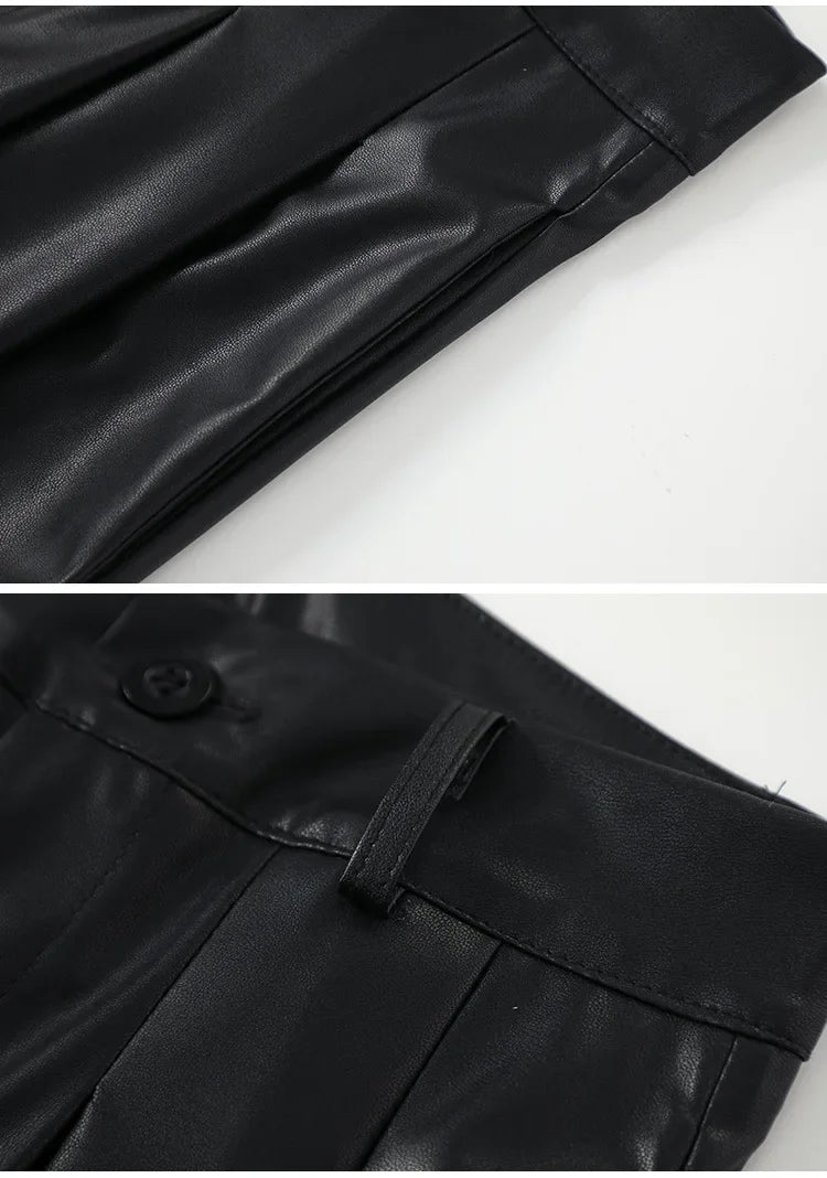 High Waist Wide Leg PU Leather Pants Women's Suit Casual Floor Length Trousers Autumn Winter New Style Loose Fit Long Pants