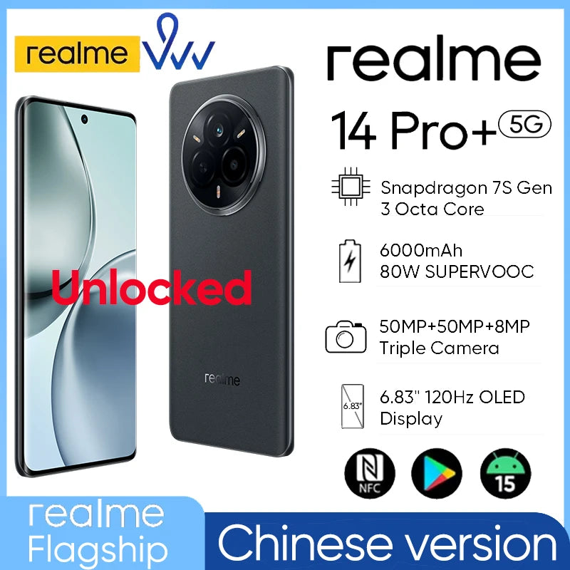 Chinese version realme 14 Pro Plus 5G NFC Snapdragon 7S Gen 3 Octa Core 6000mAh Battery 80W SUPERVOOC 50MP Smartphone Unlocked