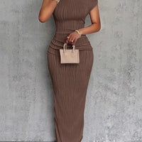 Fashion Water Ripple Slanted Shoulder Dress Women's Elegant And Simple Solid Color A-line Collar Mid-waist Sexy Hip Wrap Skirt