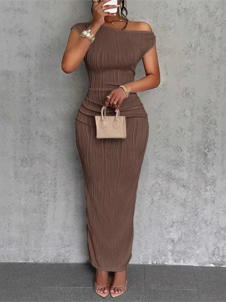 Fashion Water Ripple Slanted Shoulder Dress Women's Elegant And Simple Solid Color A-line Collar Mid-waist Sexy Hip Wrap Skirt