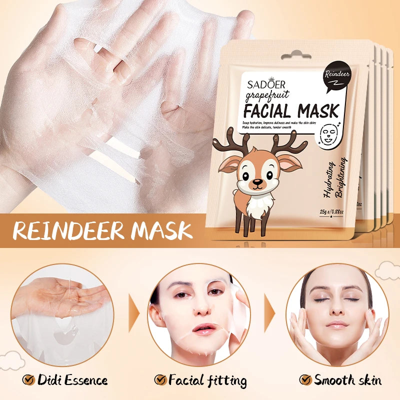 5pcs SADOER Cartoon Fresh Fruit Facial Mask Anti Wrinkle Moisturizing Soothing Brightening Hydrating Face Mask Skin Care