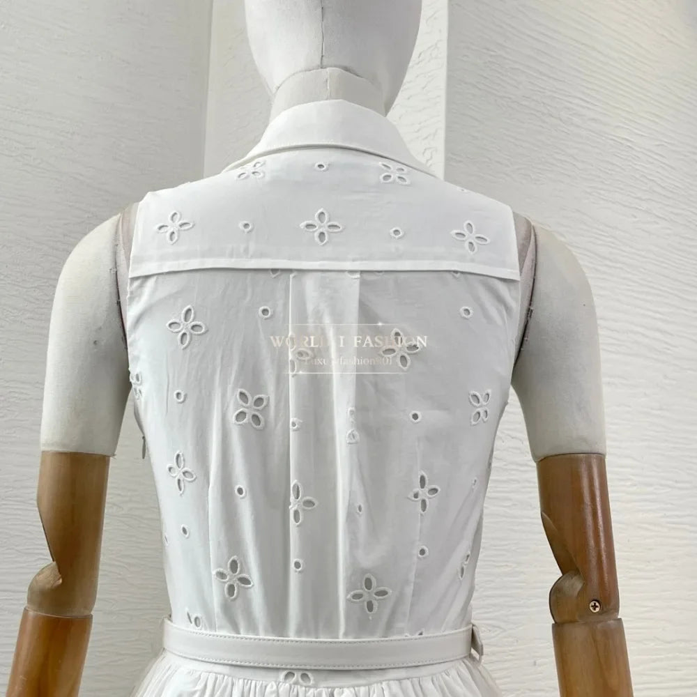 White Sleeveless Embroidery Midi Dress 2025 Top Quality