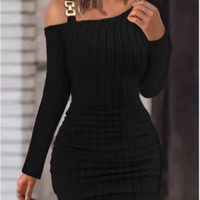 Stylish Metal Sheet Diagonal Collar Long Sleeved Dress  Women's Solid Slim knitted Dresses Sexy Off Shoulder Autum Roben