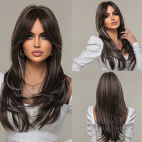 Light Brown Synthetic Wigs with Bangs Straight Shoulder Length Chocolate Brown Wig for Black White Women Heat Resistant Daily