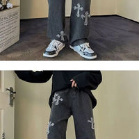 Cross Embroidery Y2k Jeans Mens Straight Denim Pants Casual Vintage Jeans Versatile Fashion Streetwear Spring High Street Pants