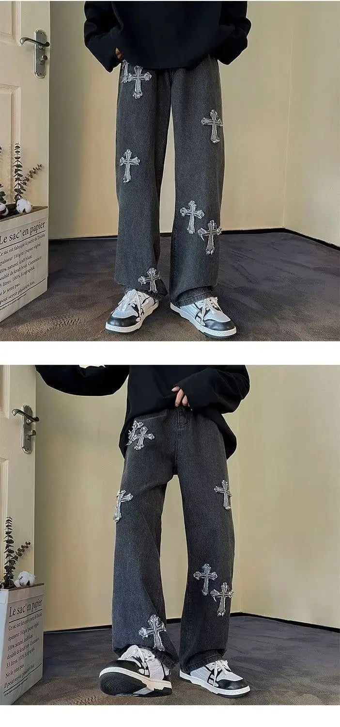 Cross Embroidery Y2k Jeans Mens Straight Denim Pants Casual Vintage Jeans Versatile Fashion Streetwear Spring High Street Pants