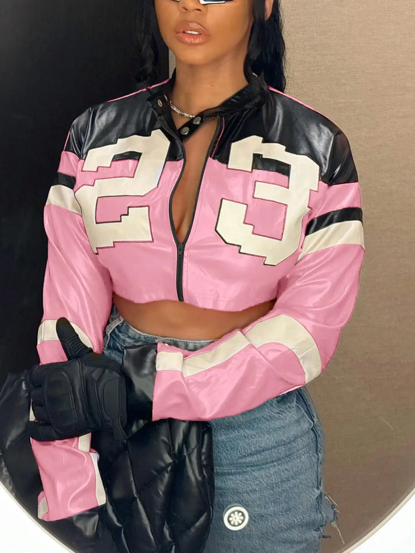 Women's Red Faux Leather Bomber Jacket - Zipper Short Coat for Christmas/New Year Party & Casual Outfits