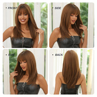 Light Brown Synthetic Wigs with Bangs Straight Shoulder Length Chocolate Brown Wig for Black White Women Heat Resistant Daily
