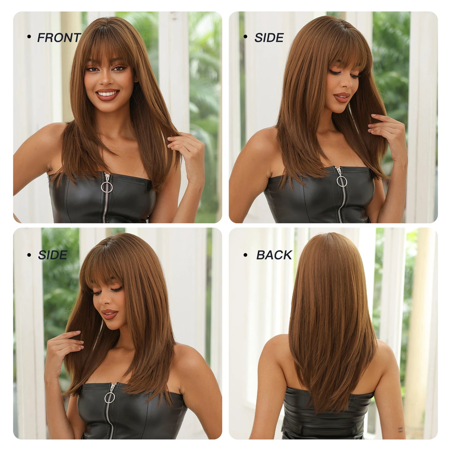 Light Brown Synthetic Wigs with Bangs Straight Shoulder Length Chocolate Brown Wig for Black White Women Heat Resistant Daily