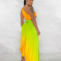 CM.YAYA Women Gradient Printed Pleated One Shoulder Roll Waist Maxi Irregular Big Swing Dress 2023 Sexy Party Vestidos Dresses