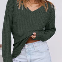 Women's Long Sleeve V-Neck T-Shirt Pit Stripe Milled Fashion Temperament Top