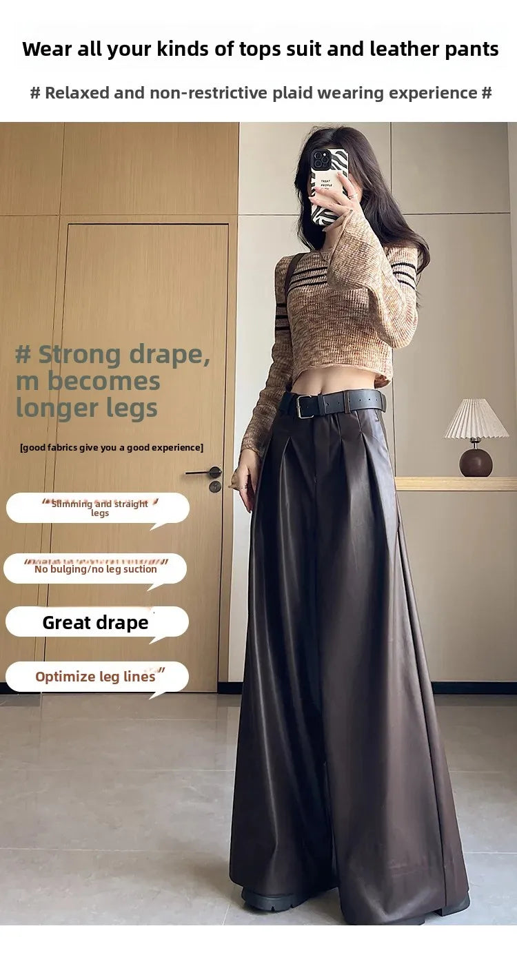 High Waist Wide Leg PU Leather Pants Women's Suit Casual Floor Length Trousers Autumn Winter New Style Loose Fit Long Pants