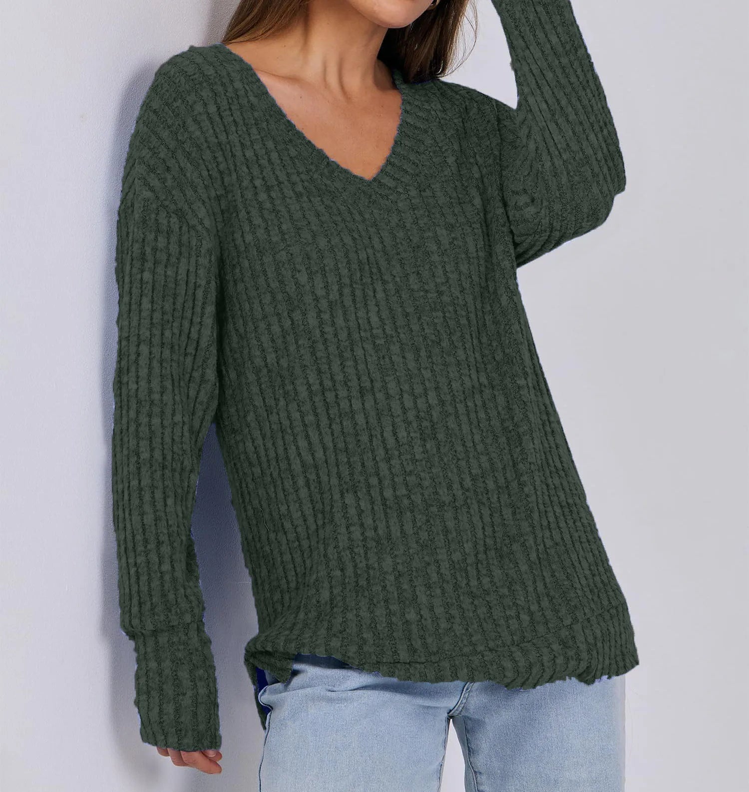 Women's Long Sleeve V-Neck T-Shirt Pit Stripe Milled Fashion Temperament Top