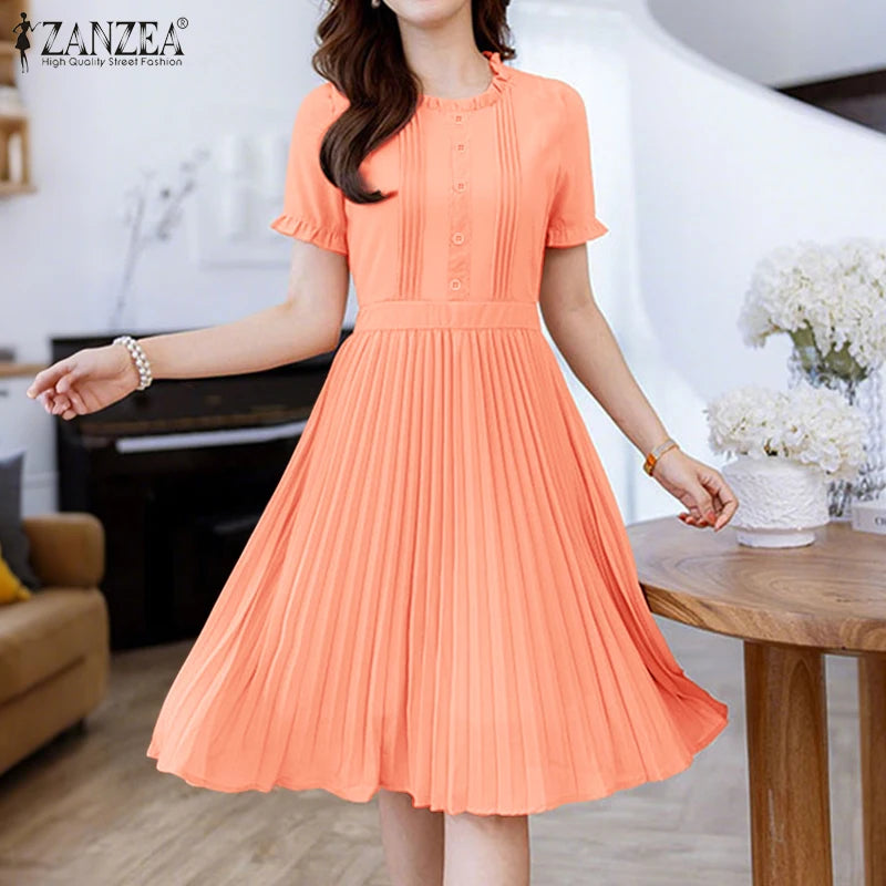 2025 ZANZEA Elegant Women Midi Dresses Summer Office Work Dress Short Sleeve O Neck Party Vestidos Pleated Sundress Robe Femme
