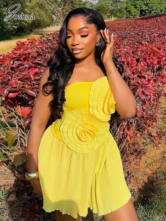 Joskaa 2025 Summer Women 3D Flower Decorate Strapless Pleated Irregular Hem Mini Dress Holiday Beachwear Party Clubwear S-XXL