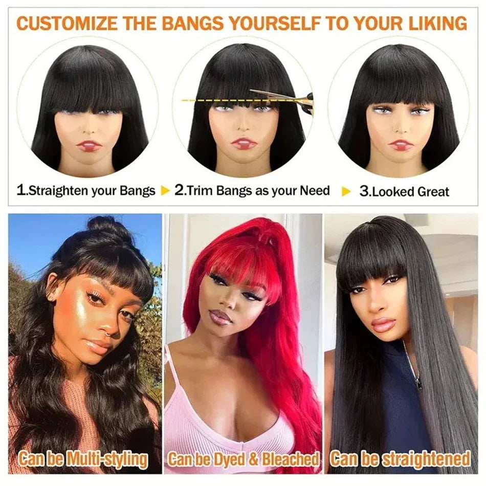 Body Wave Wig With Bangs Brazilian Human Hair Wig Sale Full Machine Made Fringe Glueless Wigs Ready To Wear 100% Original Hair