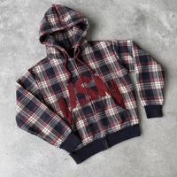 Hip-hop letter embroidery plaid splicing design oversized long-sleeved hoodie for men skateboard Y2K casual versatile sweatshirt