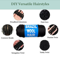 2/3/5/12pc Brazilian Wool Hair Synthetic Crochet Hair Extensions for Women African Hair Yarn for Natural Black, Jumbo Braids ﻿