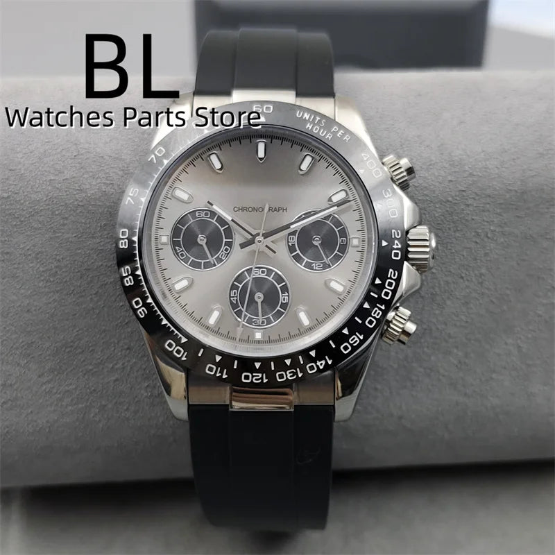 BLIGER/Sterile Gray Dial Chronograph VK63 Quartz Men's Watch 39mm Sapphire Case Black Bezel Luminous Stanless Steel/Rubber Strap