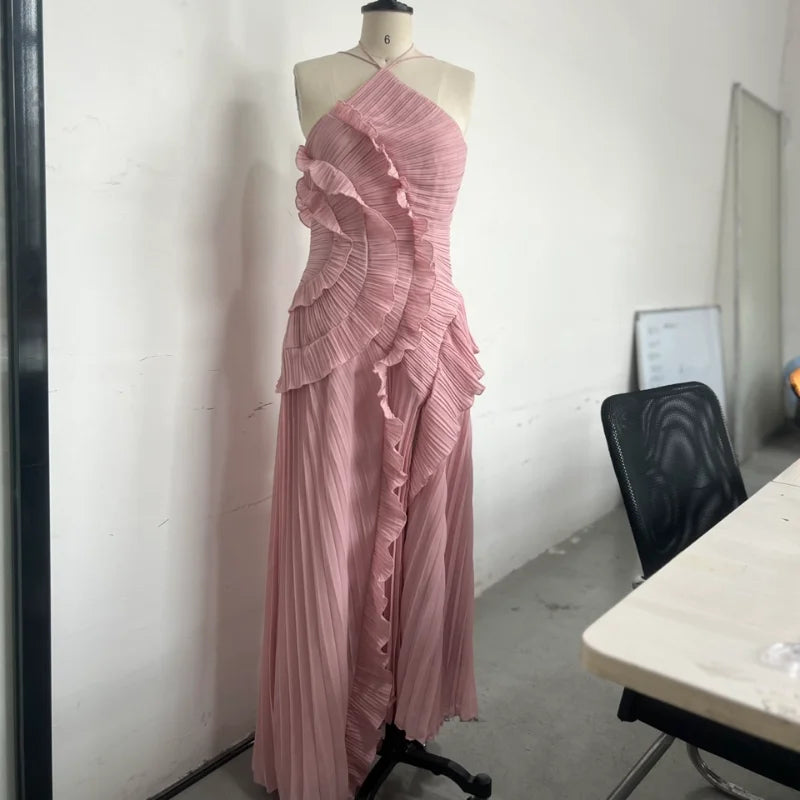 Chic Elegant Lotus Edge Maxi Dress Slim Fit Backless Lace Up Halter Robes Sleeveless Party Vestidos 2025 Nw Lady Vacation Gowns