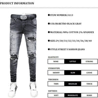 Designer Fashion New High Quality Black Grey Jeans Elastic Slimming Perforated Patch Washed Jeans High Street Hip Hop Brand Pant