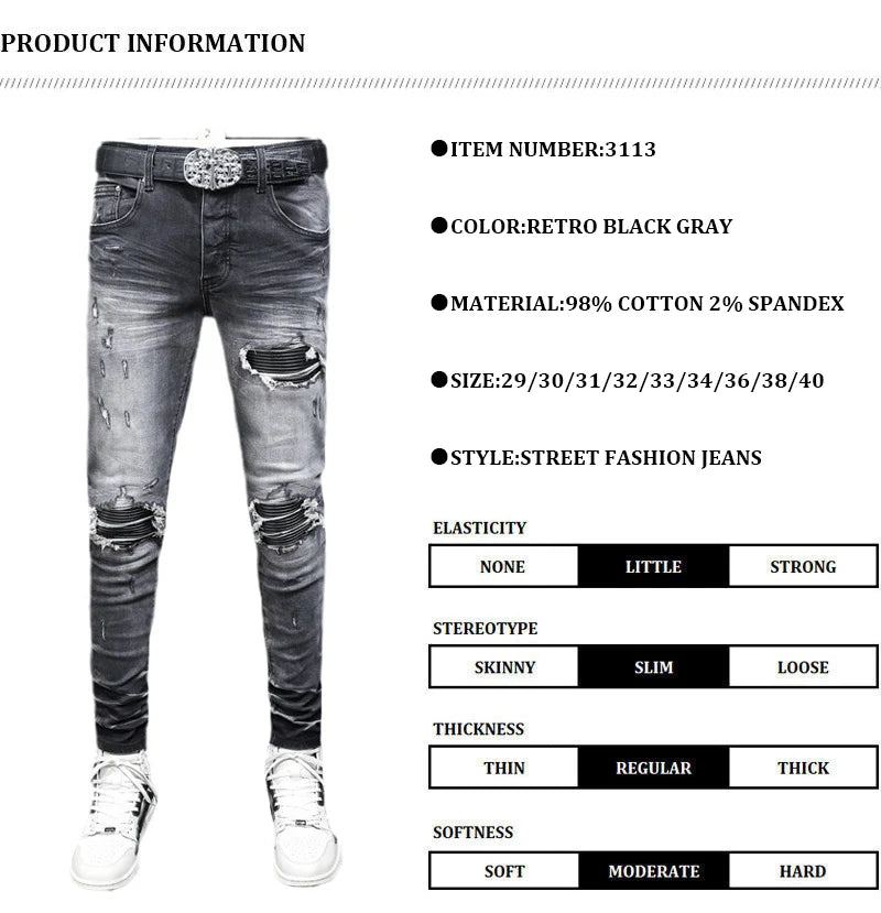 Designer Fashion New High Quality Black Grey Jeans Elastic Slimming Perforated Patch Washed Jeans High Street Hip Hop Brand Pant