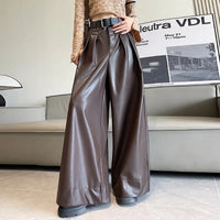High Waist Wide Leg PU Leather Pants Women's Suit Casual Floor Length Trousers Autumn Winter New Style Loose Fit Long Pants