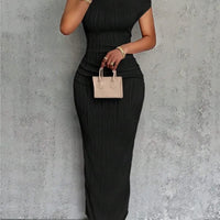Fashion Water Ripple Slanted Shoulder Dress Women's Elegant And Simple Solid Color A-line Collar Mid-waist Sexy Hip Wrap Skirt