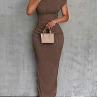 Fashion Water Ripple Slanted Shoulder Dress Women's Elegant And Simple Solid Color A-line Collar Mid-waist Sexy Hip Wrap Skirt