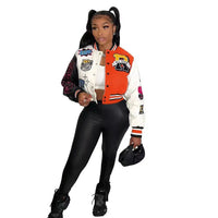 Winter Fall Jacket For Women Coat Trend O Neck Buttons Cropped Top Jacket Patchwork Baggy Blue Female Outerwear varsity jacket