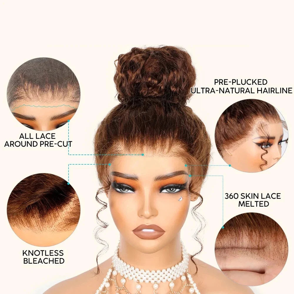 250 Density Invisi Strap 360 Full Hd Lace Frontal Human Hair Wigs Chocolate Brown Deep Wave 360 Glueless Wig Human Hair