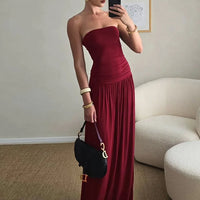Mozision Off-shoulder Strapless Pleated Sexy Maxi Dress Women Fashion Backless Sleeveless High Waist Ruched Long Dress Elegant