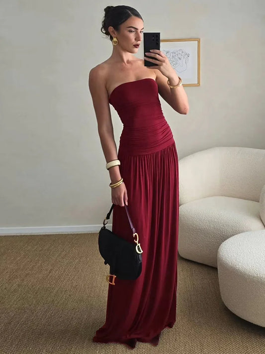 Mozision Off-shoulder Strapless Pleated Sexy Maxi Dress Women Fashion Backless Sleeveless High Waist Ruched Long Dress Elegant