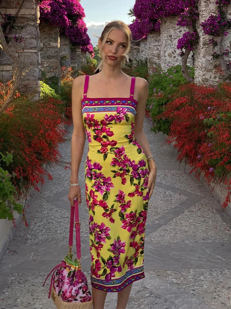 CNYISHE Flower Prints Camisoles Fashion Sheath Sexy Club Hot Girl Women Dresses Colorful Trendy Elegant Lady Female Bodycon