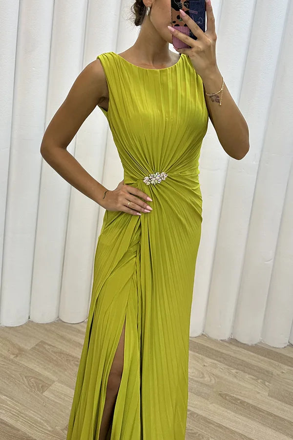 Women Sexy Dress New Sleeveless Solid Party Slim Empire Split Female Elegant Round Neck Fashion Long Clothing