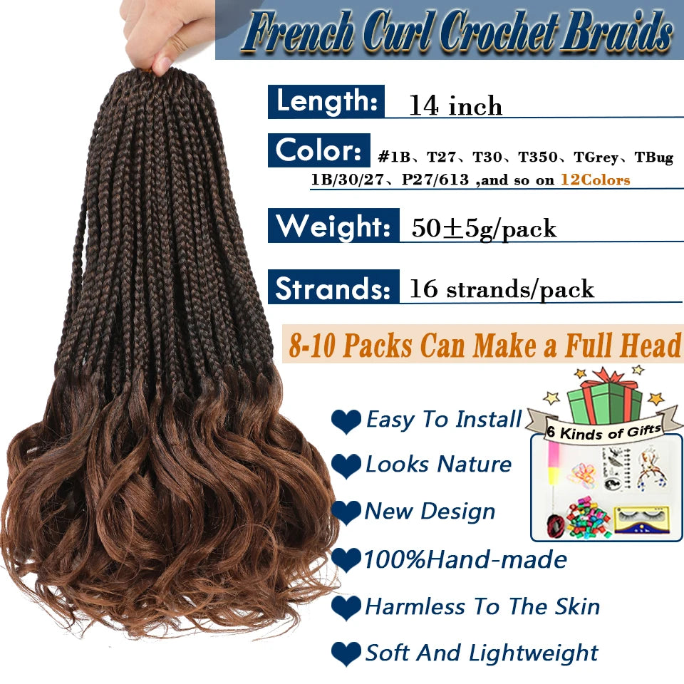 French Curl Crochet Braids 14 Inch Kid-Friendly Goddess Box Braids with Bouncy Curly Ends French Curls Braiding Hair for Women