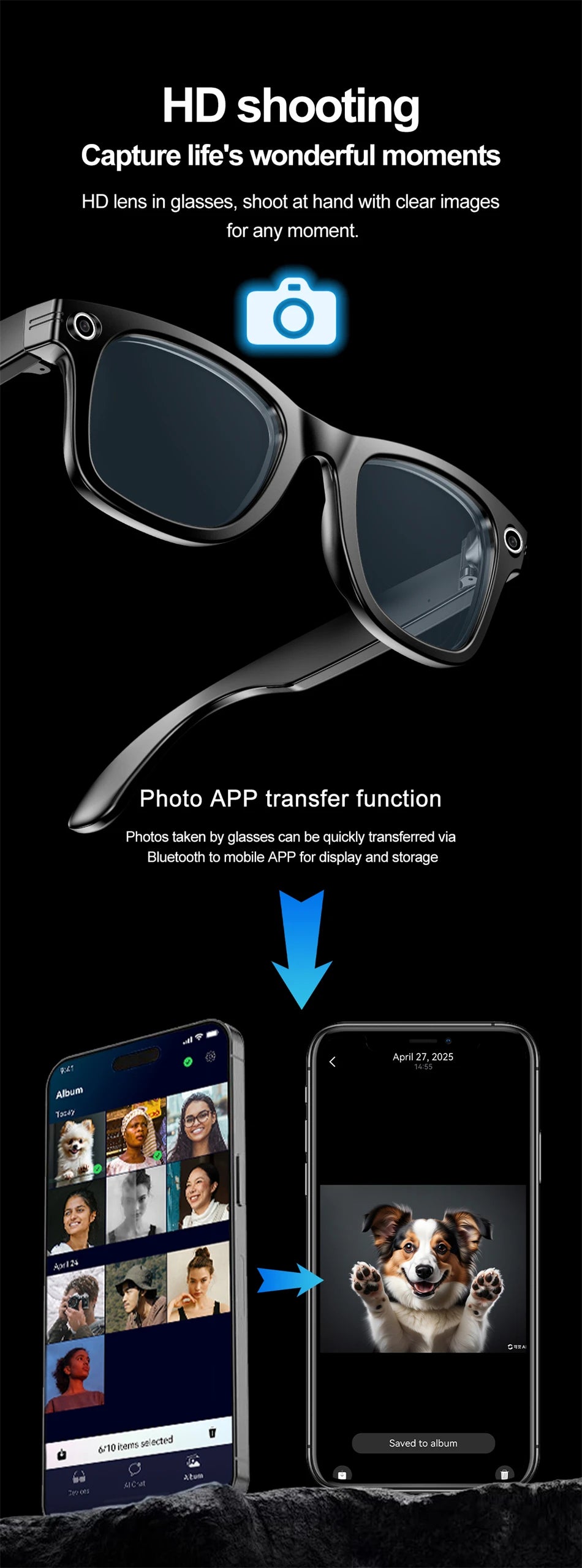 AI Smart Glasses with HD Camera for Photos Videos Hands-Free Vlog Recording Camera Glasses Audio for Driving Outdoor Sunglasses
