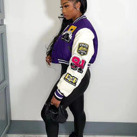 Winter Fall Jacket For Women Coat Trend O Neck Buttons Cropped Top Jacket Patchwork Baggy Blue Female Outerwear varsity jacket