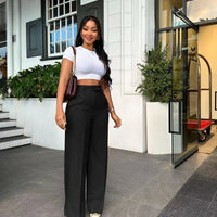 Autumn Casual High Waisted Pants Women Chic Fashion Solid Button Pocket Straight Leg Wide Leg Casual Pants Women