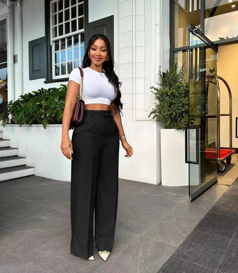 Autumn Casual High Waisted Pants Women Chic Fashion Solid Button Pocket Straight Leg Wide Leg Casual Pants Women