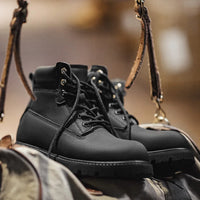 Maden Men's Versatile Black Boots Plush Lining Warmth Shoes Retro Non-Slip Thick Sole Work Boots Outdoor Casual Mid-Calf Boots